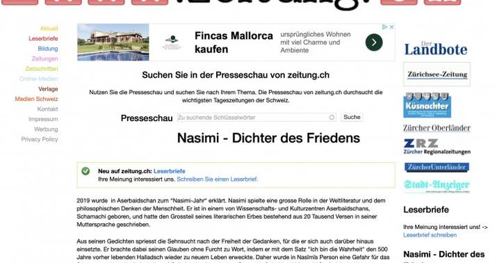 İsveçrədə “Nəsimi – sülh şairi” sərlövhəli məqalə çıxıb