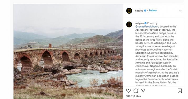 “National Geographic” jurnalı “Instagram”da Xudafərin körpüsünü paylaşdı