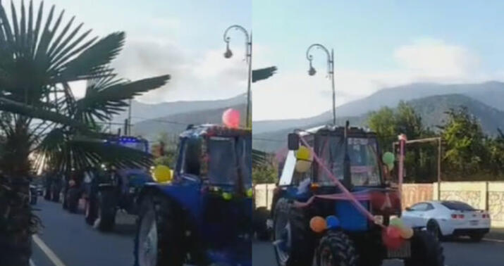 Balakəndə qeyri-adi toy karvanı: Gəlini traktorla gətirdilər -