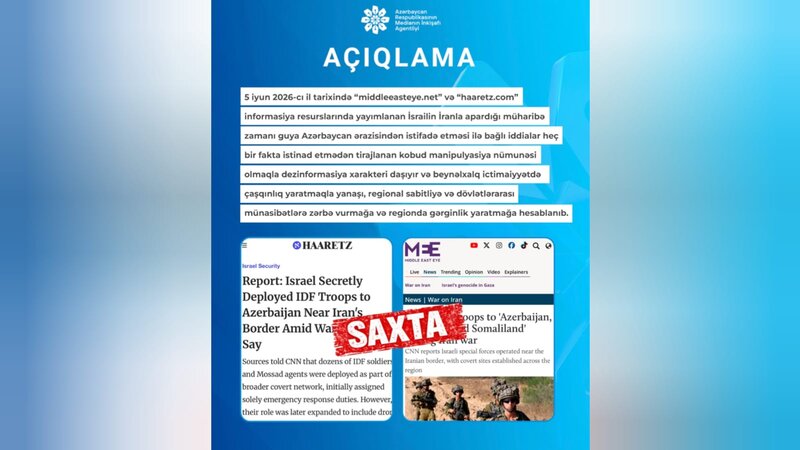 MEDİA: İsrail-İran müharibəsində Azərbaycan ərazisindən istifadə ilə bağlı iddialar dezinformasiyadır
