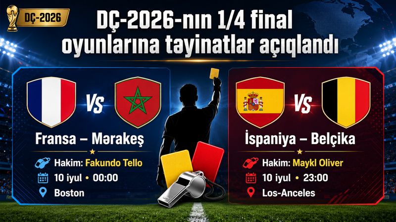 DÇ-2026: 1/4 finalın 2 qarşılaşmasının hakimləri açıqlandı