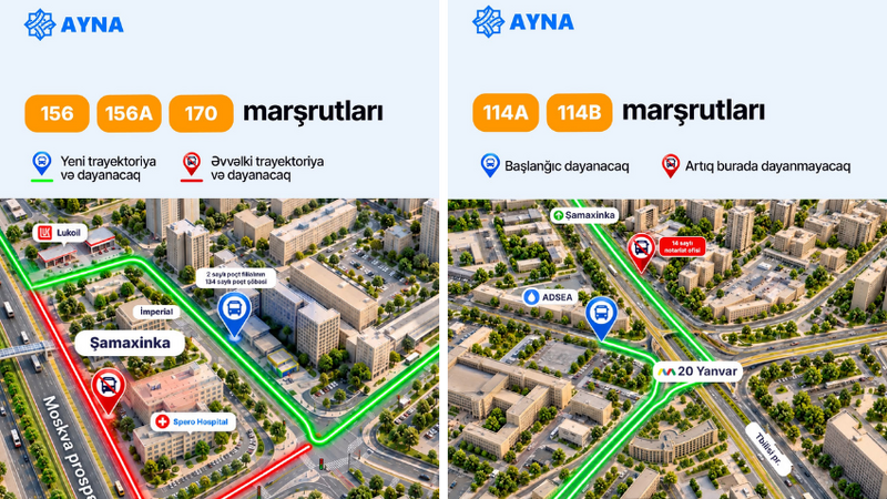 "20 Yanvar" və "Şamaxinka"da bəzi avtobus marşrutlarının sxemi dəyişdi